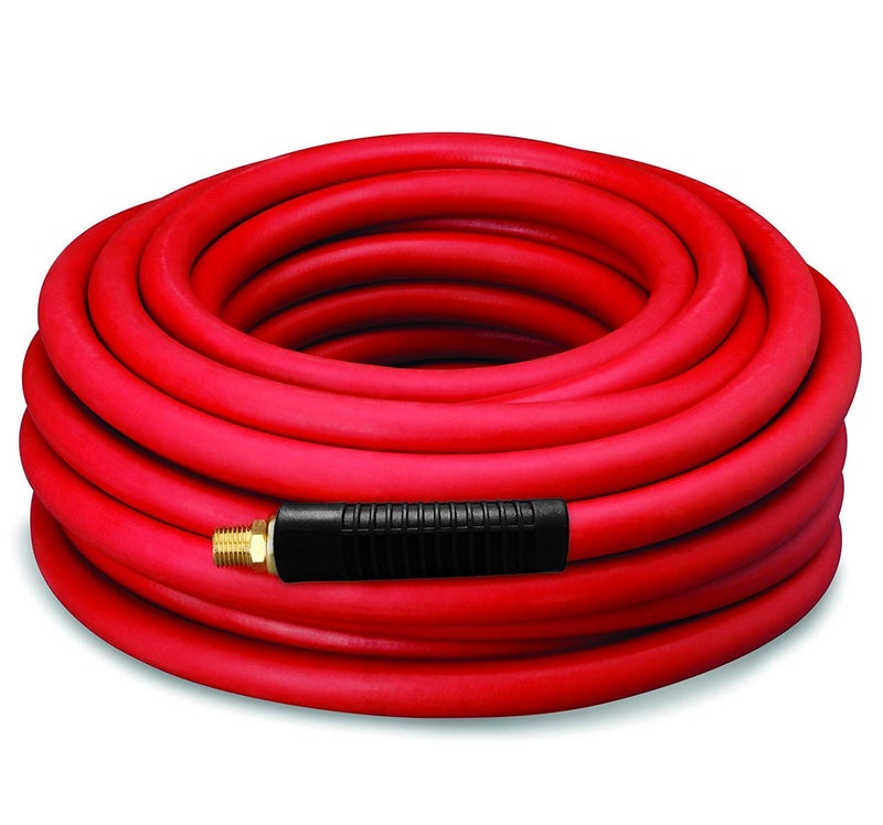 DYNAMIC POWER 3/8" x 50' Rubber Air Hose - 300 PSI - Assembly with 1/4" Male Pipe Thread Fittings & Bend Restictors (Red) - Image 1